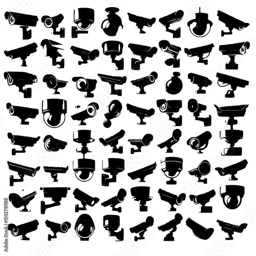 Collection of black security cameras isolated on transparent background