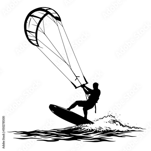 Kitesurfer silhouette action pose isolated on transparent background