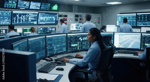 Control room for energy grid monitoring and management shows advanced technology operation