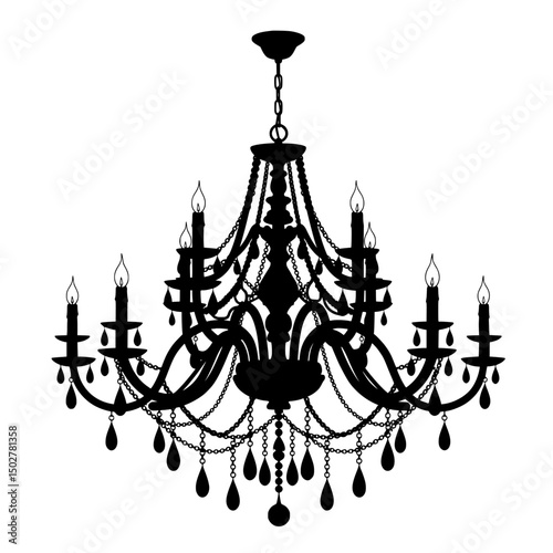 Elegant black silhouette chandelier isolated on transparent background