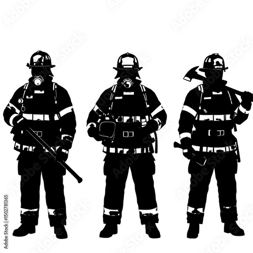 Three firefighters silhouettes teamwork safety isolated on transparent background