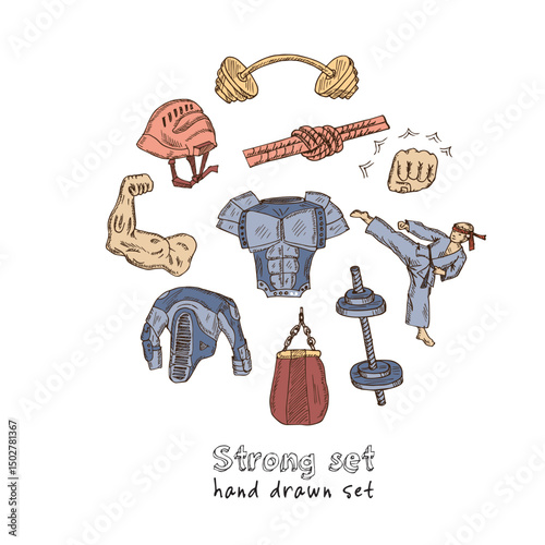 Strong set. Isolated elements on chalkboard background. Symbol collection.