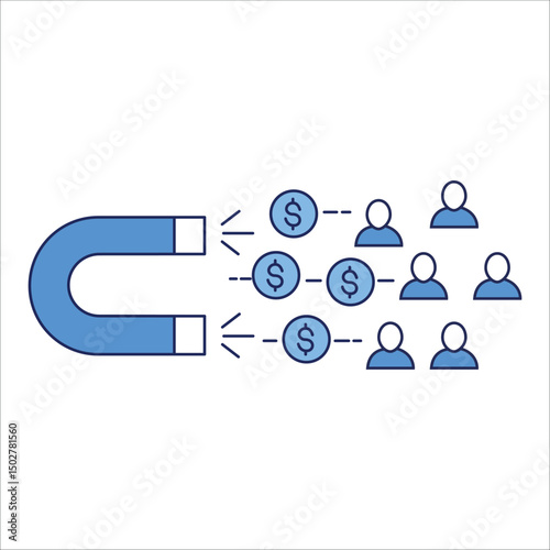 Basic RGBMagnet attracting money and user icons representing customer attraction, lead generation, marketing strategy, and business growth in blue and gray flat vector style.

