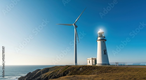 Scenic Landscape with Wind Turbine and Lighthouse Under the Clear Blue Sky