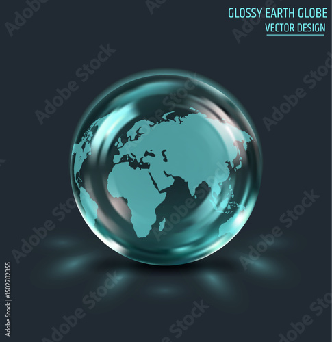Realistic 3D transparent glass Earth globe with glossy shine and soft reflections. Vector illustration of world sphere in modern style. Earth, globe, 3D, glass, vector, world, glossy, transparent