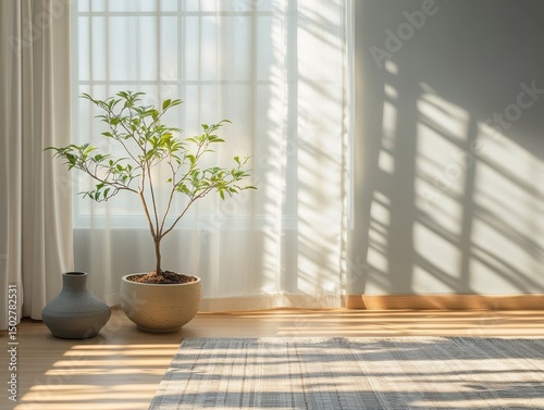 Potted tree near window with vase and sunlight shadows.