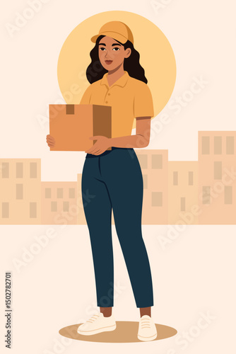 Vector illustration of a female courier profession. Courier Day. Girl holding a box in her hands. Female power and independence. Gender equality, empowerment