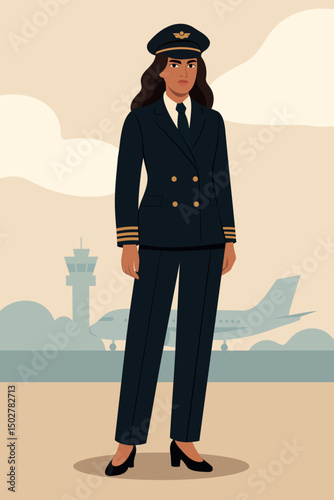 Vector illustration of a female pilot profession. Labor Day. Aviation Day. Women's power and independence. Feminism. Gender equality, empowerment. Use for women's projects