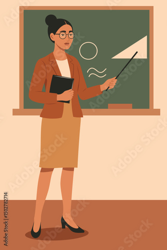 Vector illustration of a woman teacher profession. Labor Day. Teacher's Day. Women's power and independence. Feminism. Gender equality, empowerment. Use for women's and educational projects