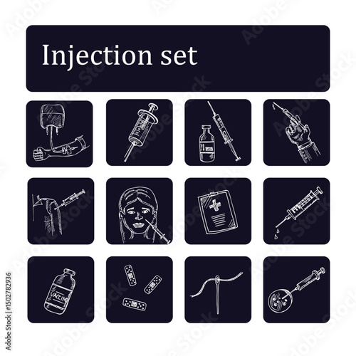 Injection hand drawn doodle set. Vector illustration. Isolated elements on white background. Symbol collection.