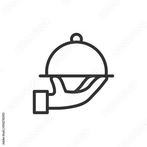 Waiter serving dish, linear icon. Food delivery or restaurant service. Line with editable stroke.
