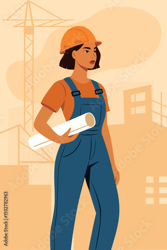 Vector illustration of woman in civil engineer profession wearing hard hat, holding blueprints. Labor day. Women's power and participation in technical professions. Gender equality, empowerment