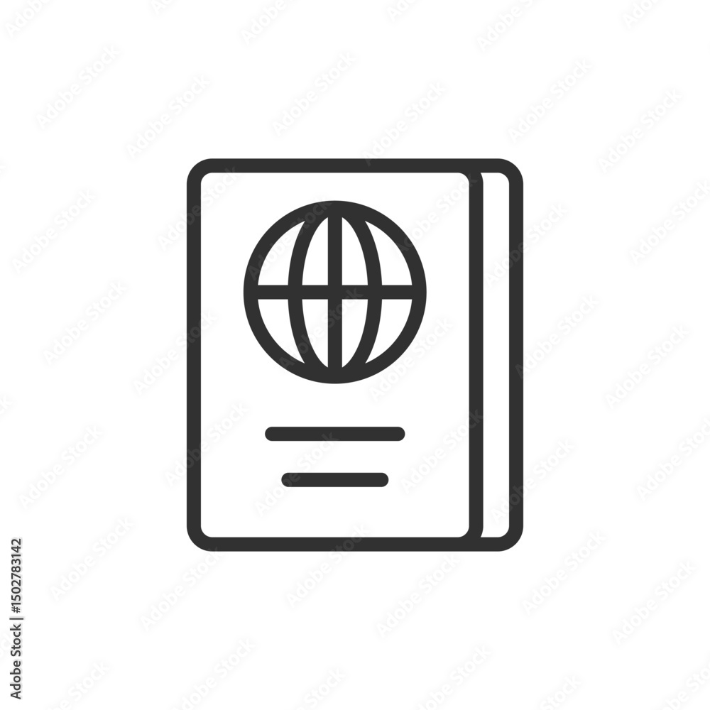 Passport with globe symbol, linear icon. International travel, ID document, or border crossing. Line with editable stroke. Passport with globe symbol, linear icon. International travel, ID document, or border crossing. Line with editable stroke.