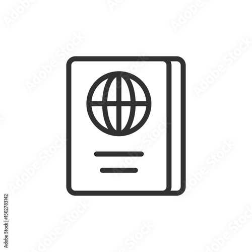 Passport with globe symbol, linear icon. International travel, ID document, or border crossing. Line with editable stroke.