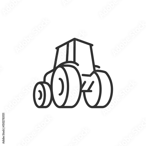 Rear view of turning tractor, linear icon. Agricultural vehicle, terrain movement, or equipment navigation. Line with editable stroke.