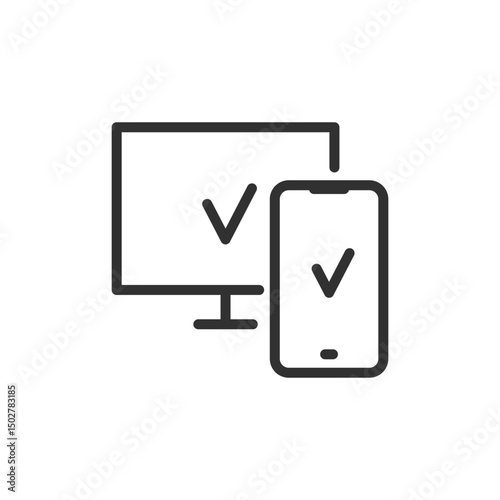 Computer and smartphone with checkmarks, linear icon. Verified access on multiple devices. Line with editable stroke.