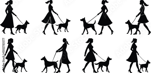 Person walking with dog silhouette set. Collection of vector illustrations on transparent background