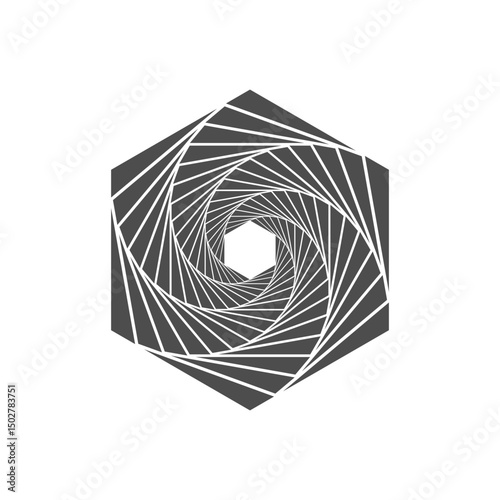 Spiral geometric abstract hexagon. Optical illusion design. Black and white hypnotic vortex. Tunnel-like effect. Modern design element for backgrounds and digital art concepts. Vector illustration.