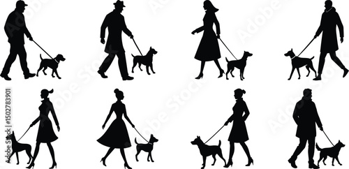 Person walking with dog silhouette set. Collection of vector illustrations on transparent background