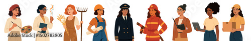Vector illustration of woman of different professions, labor day. Professions of strong women, artist, doctor, laboratory assistant, farmer, builder, firefighter, pilot, teacher, programmer, courier