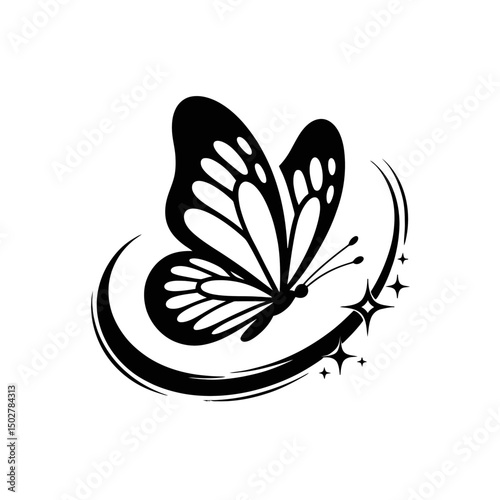 A stylized black butterfly, surrounded by a swirling arc and twinkling stars