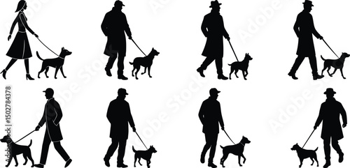 Person walking with dog silhouette set. Collection of vector illustrations on transparent background