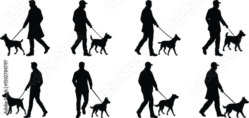 Person walking with dog silhouette set. Collection of vector illustrations on transparent background
