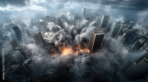 A city is in the middle of a disaster, with buildings and smoke filling the sky