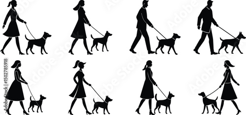 Person walking with dog silhouette set. Collection of vector illustrations on transparent background