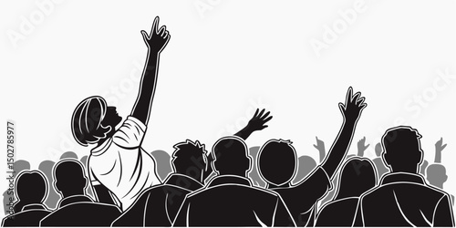 Excited crowd at concert cheering and raising hands