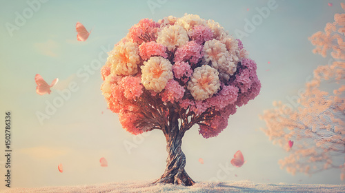 Human brain shaped like a blooming tree with flowers, mental health, growth, positive thinking in a creative, Made by Generative Ai 