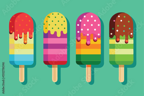 Colorful popsicles with dripping toppings on a mint background