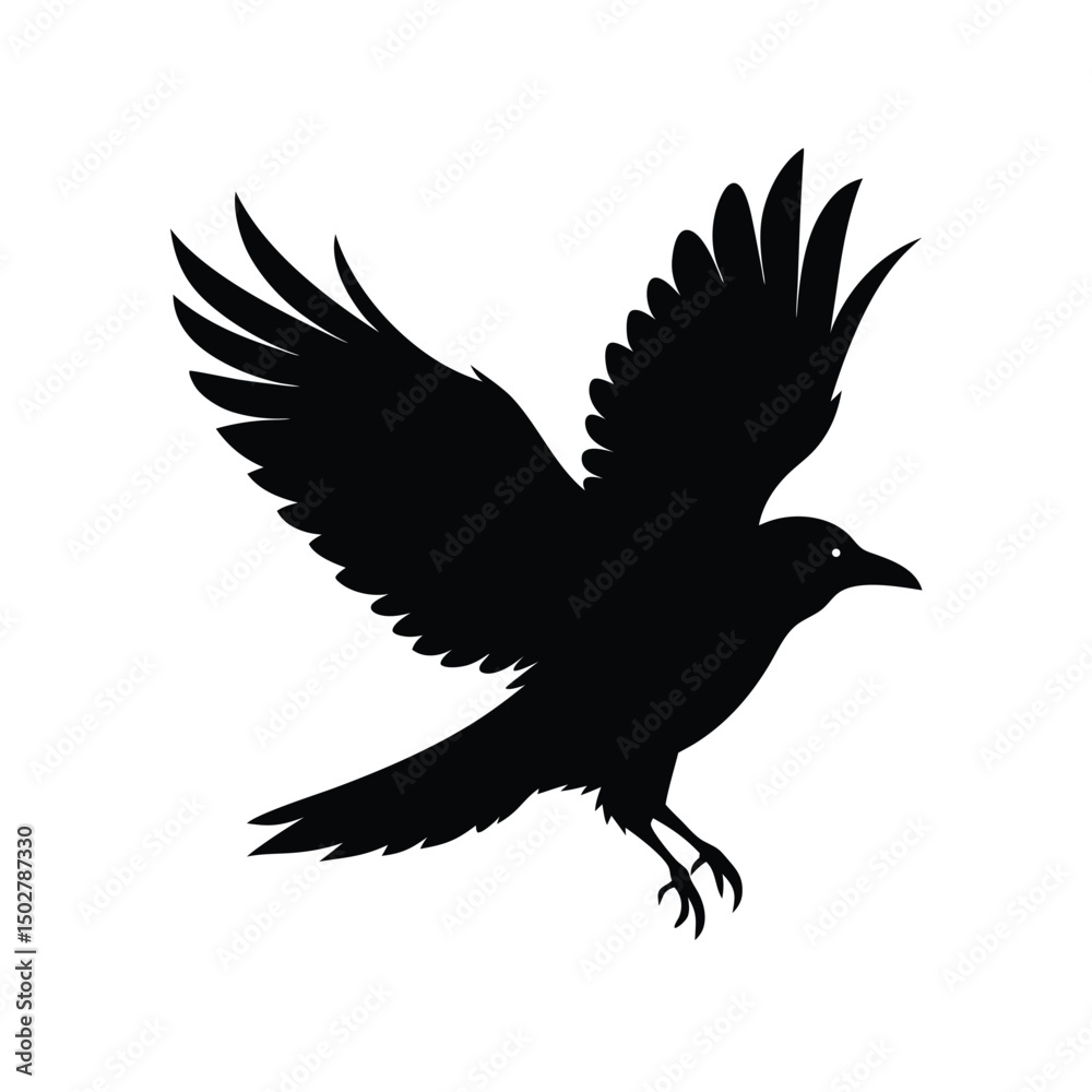 Obraz premium Black silhouette illustration of a raven in flight against a clean white background.