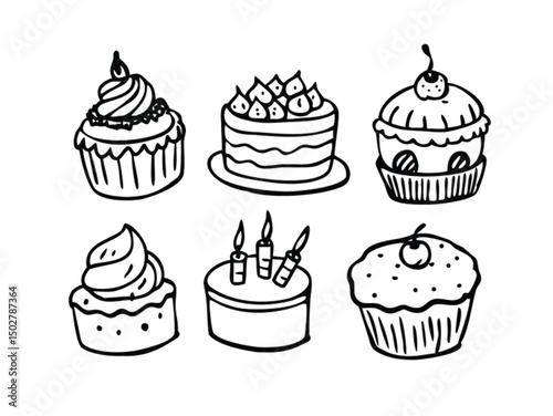 Vector cartoon illustration seamless pattern of a set of cute birthday cupcakes, cakes, and sweet desserts with chocolate, cream, and cherry decoration