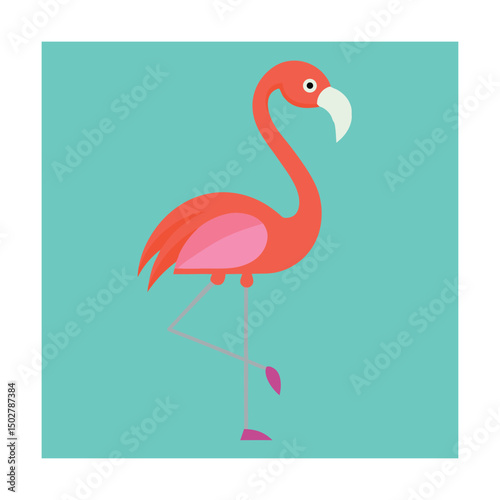 A flat design illustration of a pink flamingo standing on one leg in a turquoise background