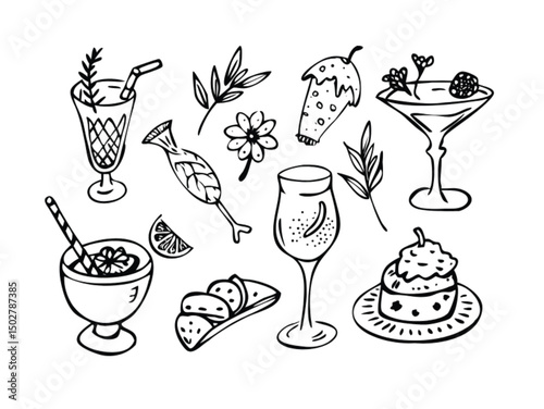 Vector icon set of ice cream, coffee, tea, and other beverage illustrations