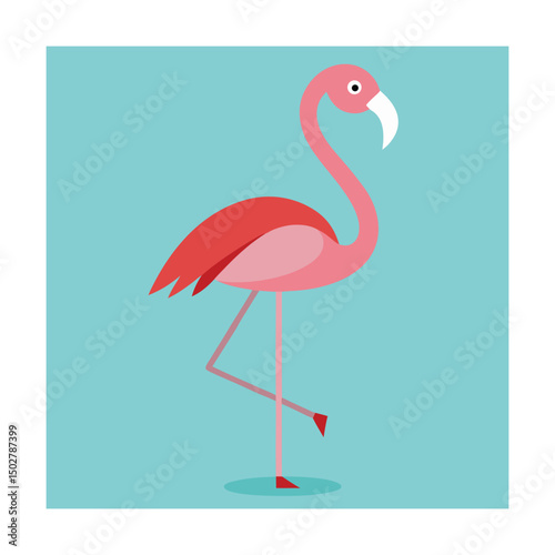 Simple flat design illustration of a graceful pink flamingo standing on one leg