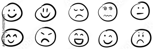 illustration: set of different smiley face showing various emotions isolated on white or transparent png