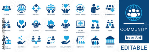 Community Icon Set. A clean vector collection featuring community, people, support, friendship, inclusion, and diversity. Ideal for social, NGO, and civic projects.