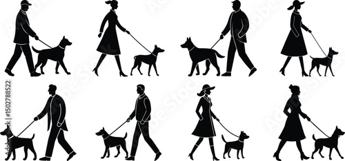 Person walking with dog silhouette set. Collection of vector illustrations on transparent background