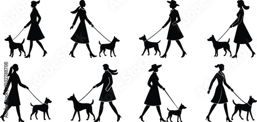 Person walking with dog silhouette set. Collection of vector illustrations on transparent background