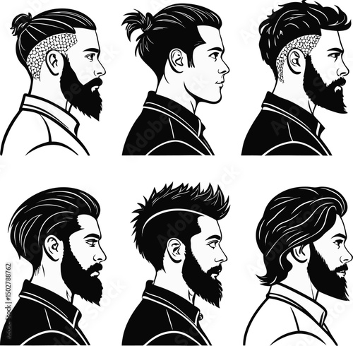 Collection of black and white vector illustrations depicting stylish men's haircuts and facial hair