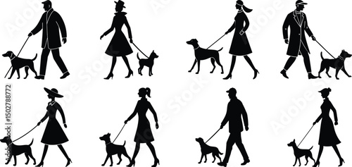Person walking with dog silhouette set. Collection of vector illustrations on transparent background