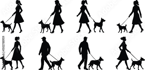 Person walking with dog silhouette set. Collection of vector illustrations on transparent background