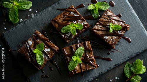 Top view of square homemade brownies topped with chocolate syrup and mint on a slate board
