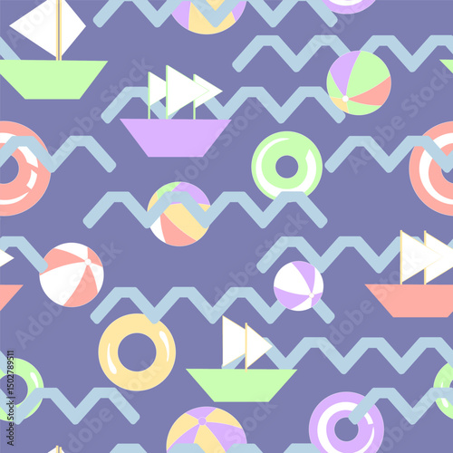 Seamless pattern without a background, a marine-themed game consisting of colorful balloons, boats, and umbrellas from the sun