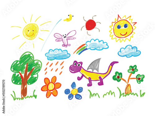 Vector design elements: a cute cartoon set featuring four seasons, flowers, butterflies, birds, and bees