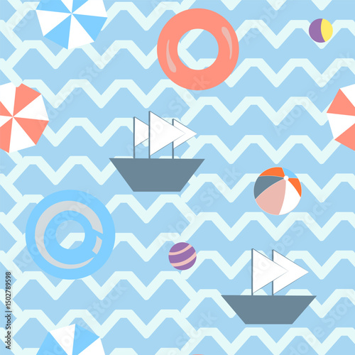 Seamless pattern without a background, a marine-themed game consisting of colorful balloons, boats, and umbrellas from the sun