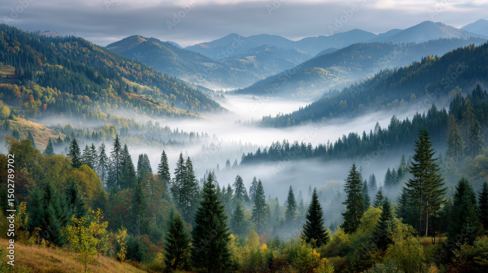 Fototapeta premium Autumn morning in the mountains shrouded in white fog over the scenic landscape of dense woodlands