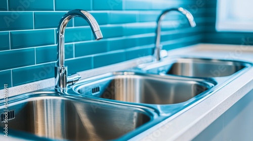 Restaurant Plate Washing Workflow concept. Efficient Commercial Sink with Three Compartments for Wash, Rinse, and Sanitize | Streamlining Restaurant Cleaning